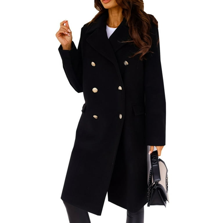 Niuer Women Casual Long Sleeve Overcoats Ladies Mid Length Wool Pea Coat  Double Breasted Travel Notch Lapel Loose Trench Coats black M 