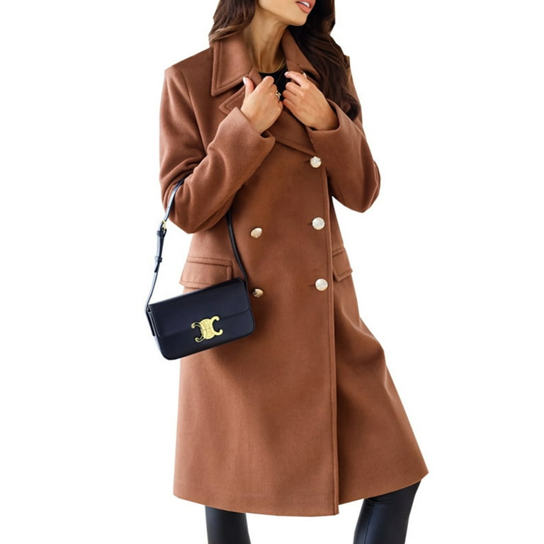 Niuer Women Casual Long Sleeve Overcoats Ladies Mid Length Wool Pea Coat  Double Breasted Travel Notch Lapel Loose Trench Coats brown M 