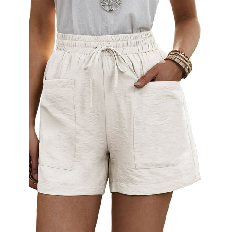 Niuer Women Casual Shorts Plain Solid Color Elastic Waist Drawstring  Pockets Summer Beach Lightweight Short Lounge Pants Off White S(US 2-4) 