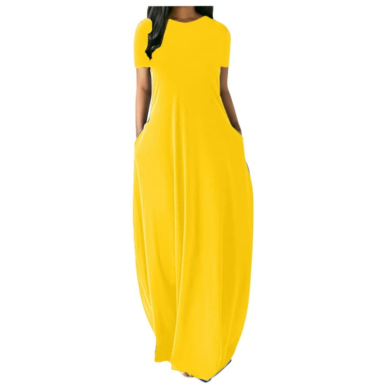 Niuer Women Crew Neck Plus Size Maxi Dresses with Pockets Solid