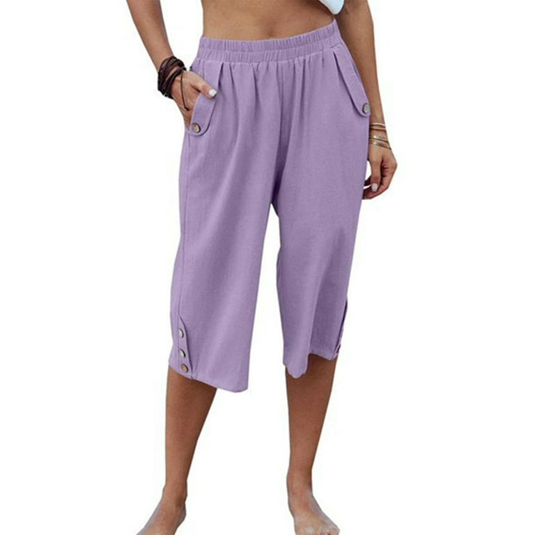Niuer Women Elastic Waist Capris Casual Solid Color Cropped Pants Ruched  Loose Linen Capris For Women Loungewear Purple M