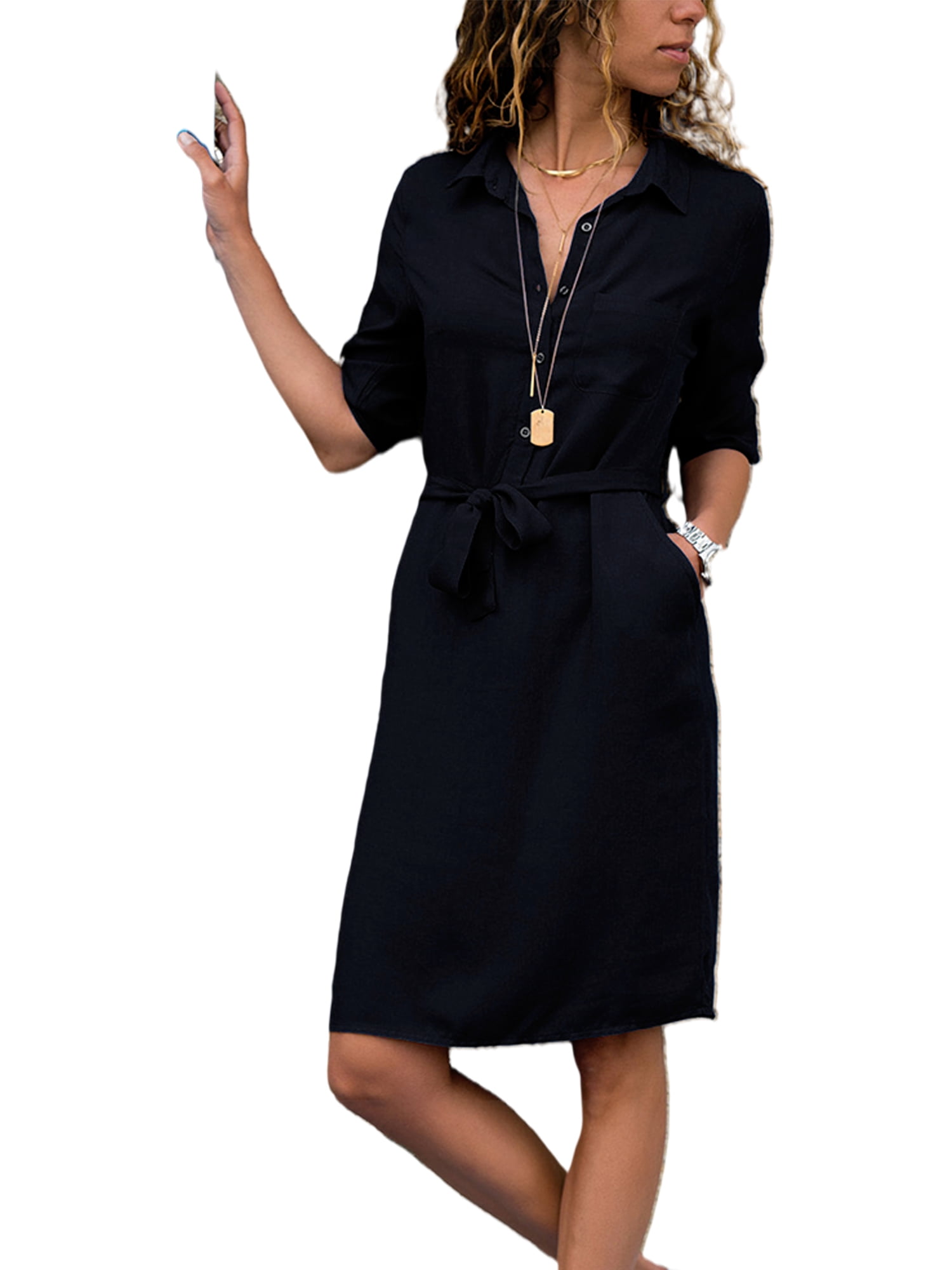 Niuer Women Elegant Belted 1/2 Sleeve Dresses Buttons Collar Streetwear ...