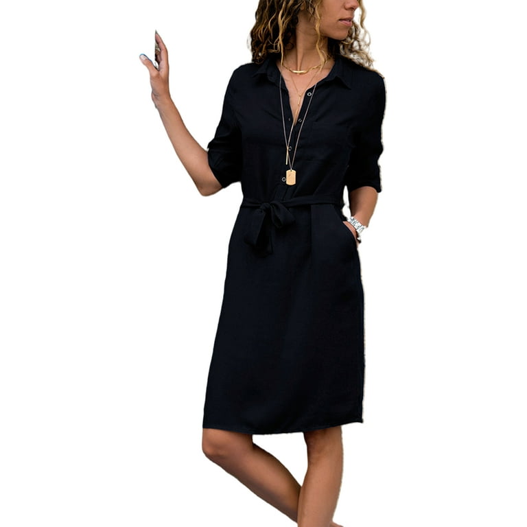 Niuer Women Elegant Belted 1/2 Sleeve Dresses Buttons Collar Streetwear  Shirt Dress Summer Casual Office Dress 