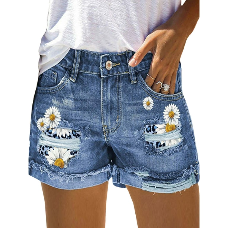 Niuer Women Fashion Daisy Print Bottoms Ladies Stretch Denim Shorts Zipper  Beach Ripped Distressed Short Trousers 