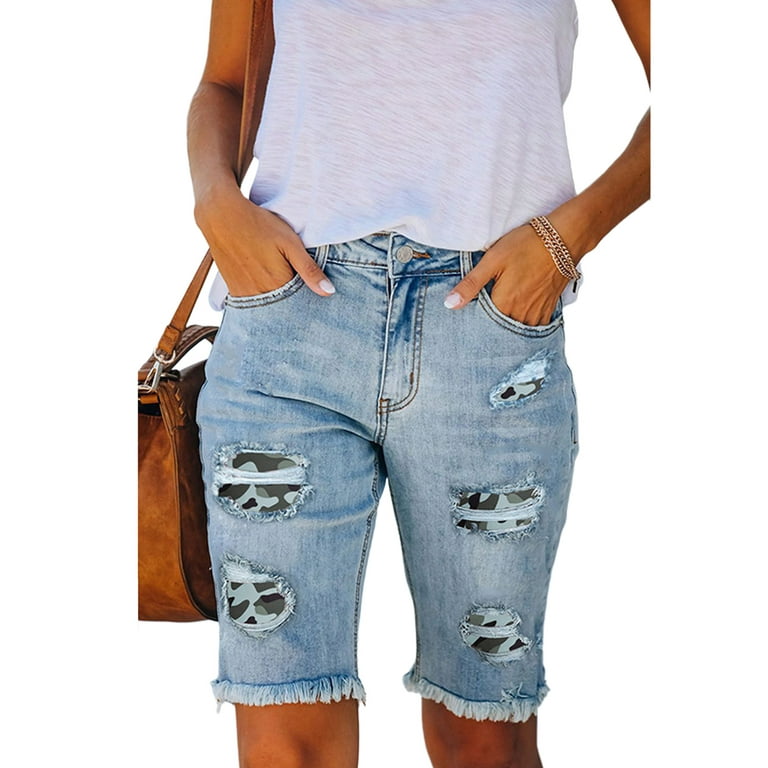 Niuer Women Fashion Hole Summer Denim Shorts Ladies Camo Short Hot Pants  With Pockets Beach Zipper Bermuda Jeans 