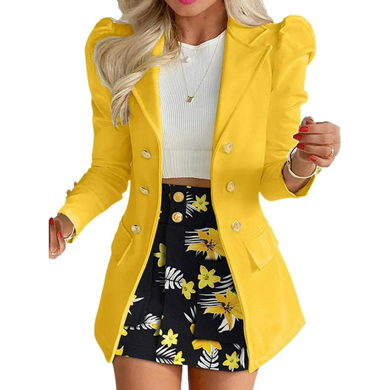 Niuer Women Floral Print Suit Sets Slim Fit Business 2 Piece Double  Breasted Blazer and Skirt With Pockets Casual Outfits Yellow L 