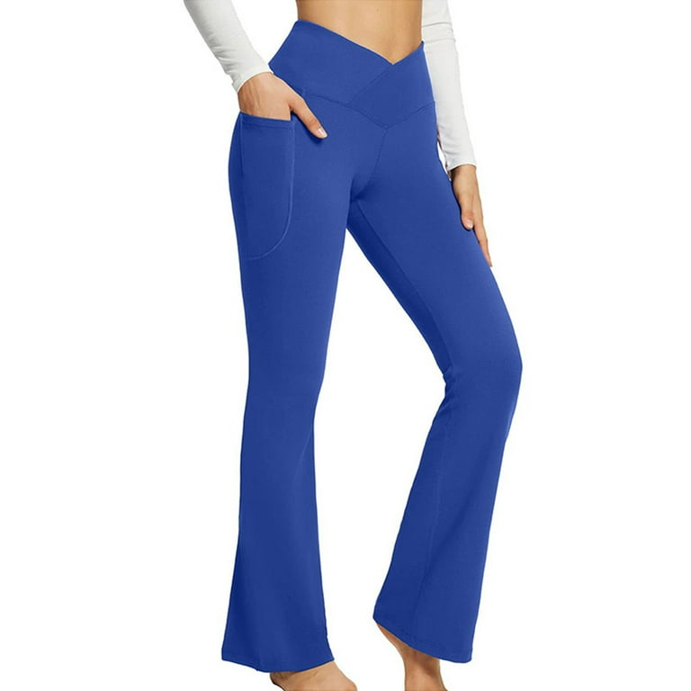 Niuer Women Leggings High Waist Sport Trousers Solid Color Yoga Pants  Stretch Workout Pant Flared Leg Bottoms Light Blue M 