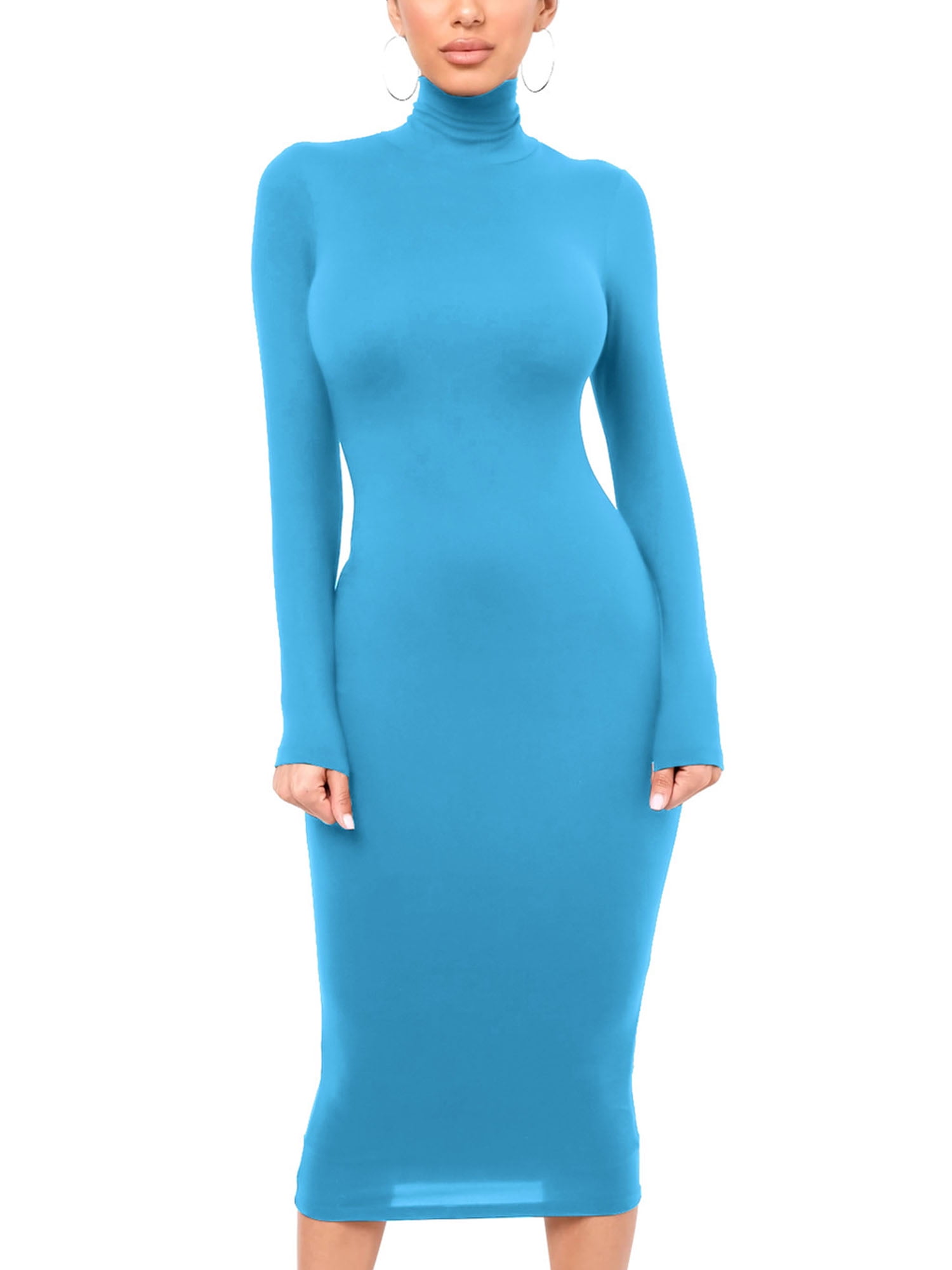 Niuer Women Long Dress Turtleneck Bodycon Sleeve Midi Dresses Solid ...