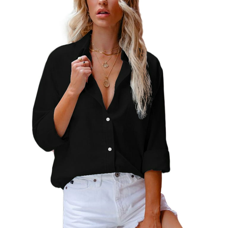 Niuer Women Loose Button Down Shirts Ladies Casual Tunic Shirt Solid Color  Work Lapel Neck Elegant Blouse Black XXL
