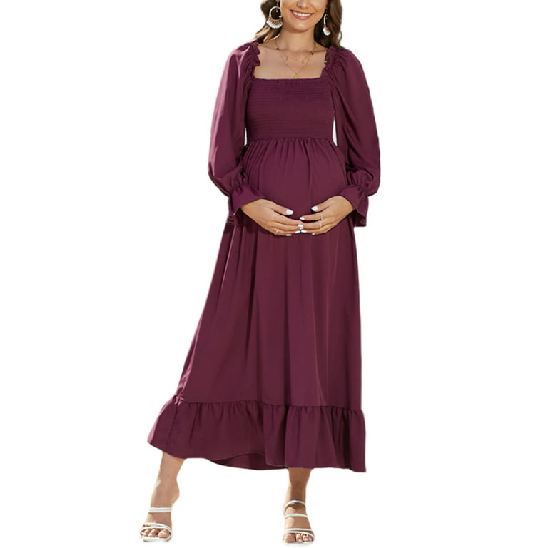 Niuer Women Maternity Maxi Dress Long Sleeve Pregnancy Casual Square Neck  Wine Red L 