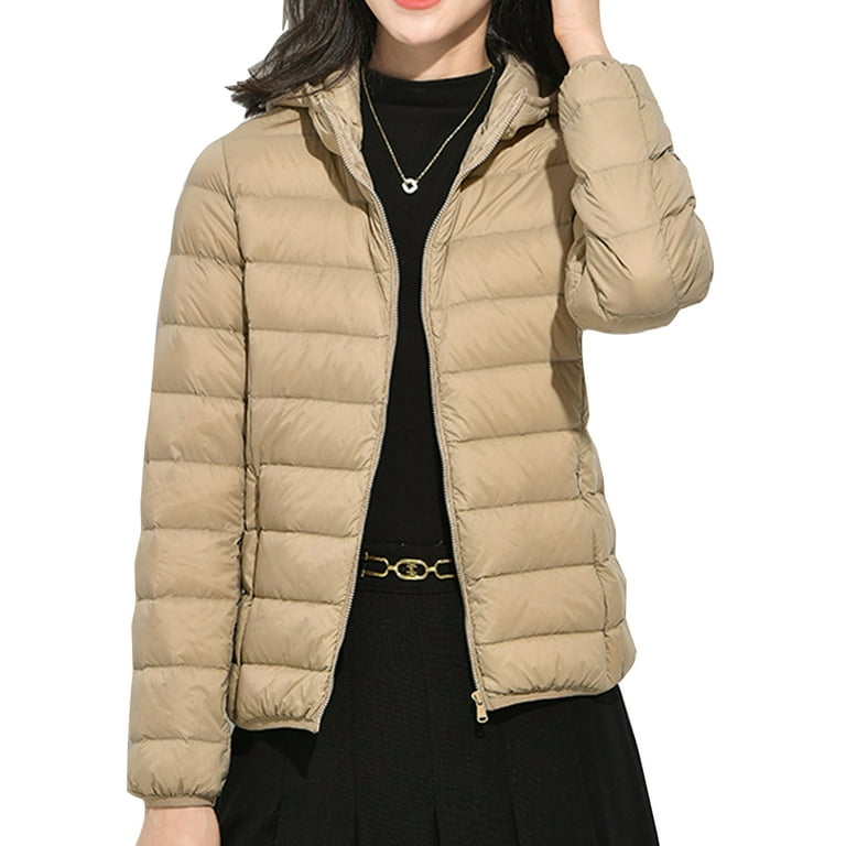 Niuer Women Outwear Hooded Coat Full Zip Puffer Jacket Lightweight Down  Jackets Pocket Khaki M 