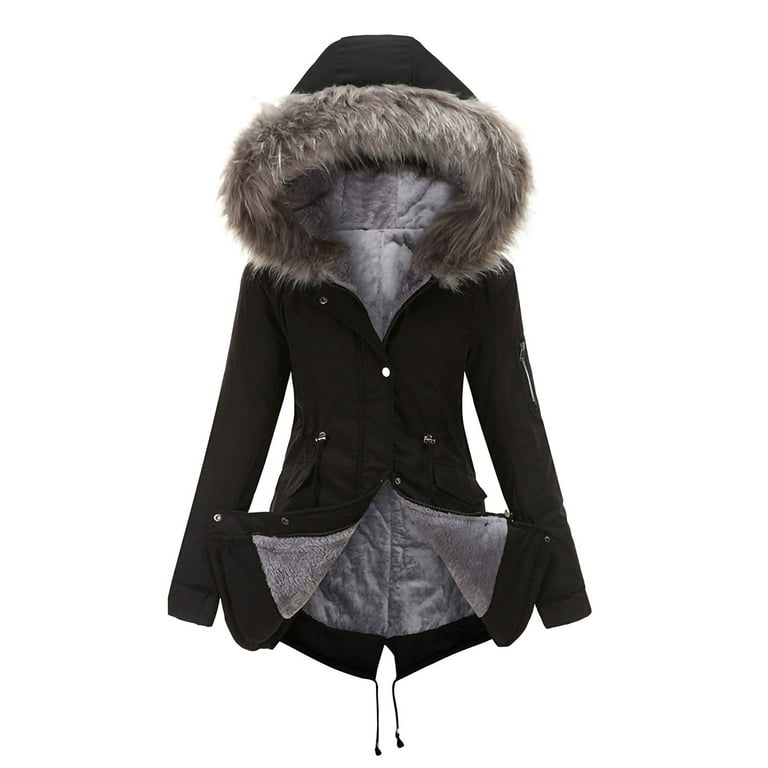 Niuer Women Plain Long Sleeve Trench Coats Ladies Parka Coat Solid Color  Winter Warm Zipper Drawstring Outwear Black XL 