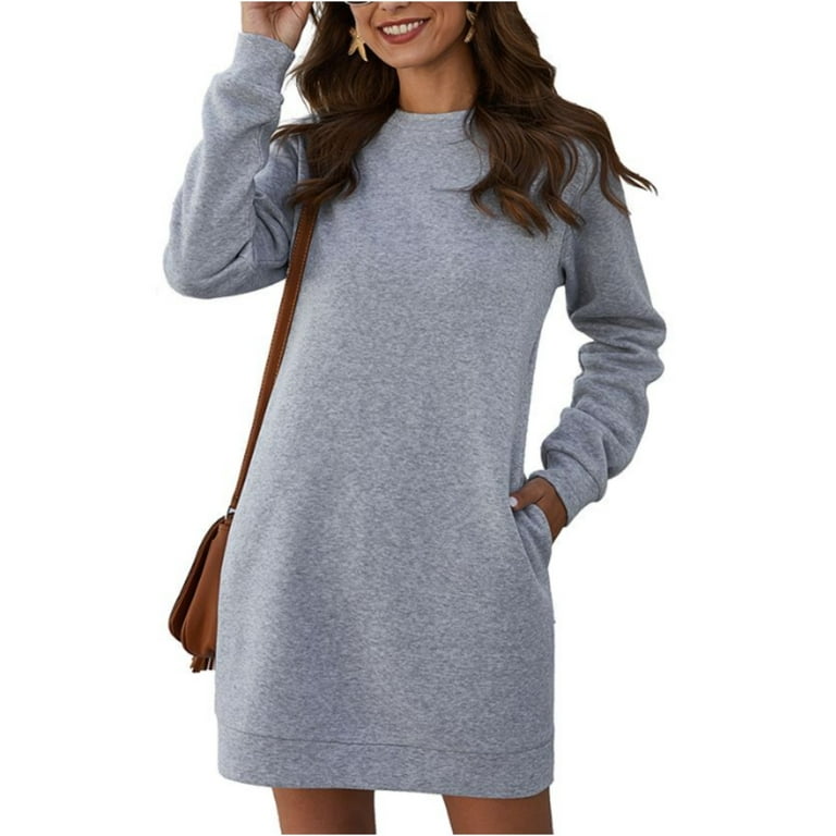 Niuer Women Pullover Crew Neck Hoodies Dresses Solid Color Sweatshirt Dress  Plain Long Sleeve Light Grey M 