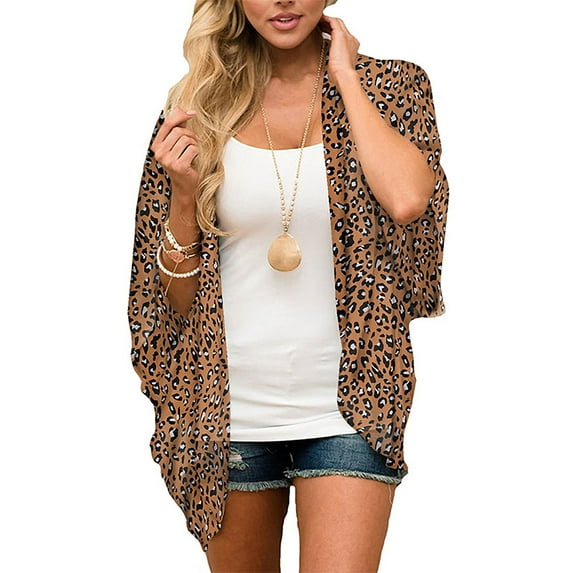 Niuer Women Shirts Floral Print Tops Kimono Sleeve Tunic Shirt Casual Cover Ups Short Sleeves Swimwear Leopard L