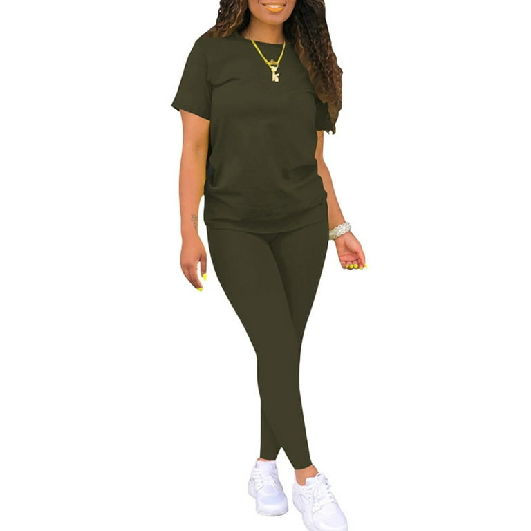 Niuer Women Short Sleeve Tops and Leggings Pants Solid Color 2 Piece Outfit  Jogger Sets Short Sleeve Fitness Plain Loungewear Sweatsuits