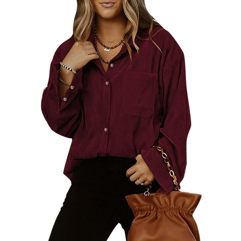 Niuer Women Solid Color Button Down Tunic Shirt Ladies Loose Tops Lapel  Neck Holiday Corduroy Casual Blouse Wine Red XXL 