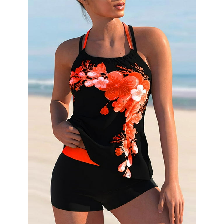 Niuer Women Strappy Tankini Set Floral Print Swimsuits with Shorts 2 Piece  Halter Neck Swimwear Orange M