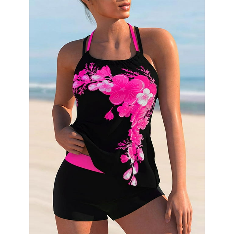 Niuer Women Strappy Tankini Set Floral Print Swimsuits with Shorts 2 Piece  Halter Neck Swimwear Pink XXS