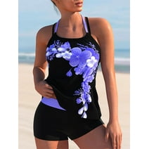 Niuer Women Strappy Tankini Set Floral Print Swimsuits with Shorts 2 Piece Halter Neck Swimwear Purple 3XL