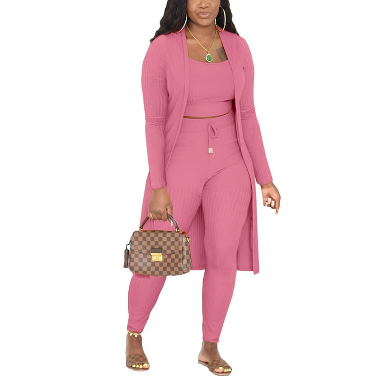 Niuer Women Stretchy Tracksuit Lounge Wear Solid Color 3 Piece Set Pants  Cardigans and Cami Tops Ribbed Casual Outfits Pink S 