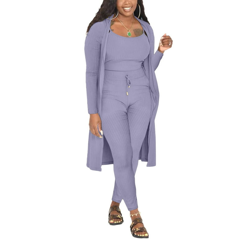 Niuer Women Stretchy Tracksuit Lounge Wear Solid Color 3 Piece Set Pants  Cardigans and Cami Tops Ribbed Casual Outfits Purple 2XL 