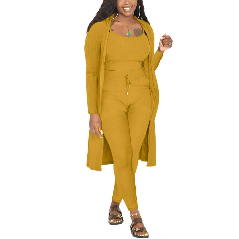 Niuer Women Stretchy Tracksuit Lounge Wear Solid Color 3 Piece Set Pants  Cardigans and Cami Tops Ribbed Casual Outfits Yellow S 