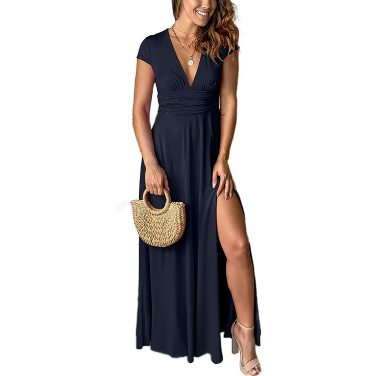 Niuer Women Summer Beach Sundress Short Sleeve Long Dress Solid Color Maxi  Dresses Ruched V Neck Blue Black M 