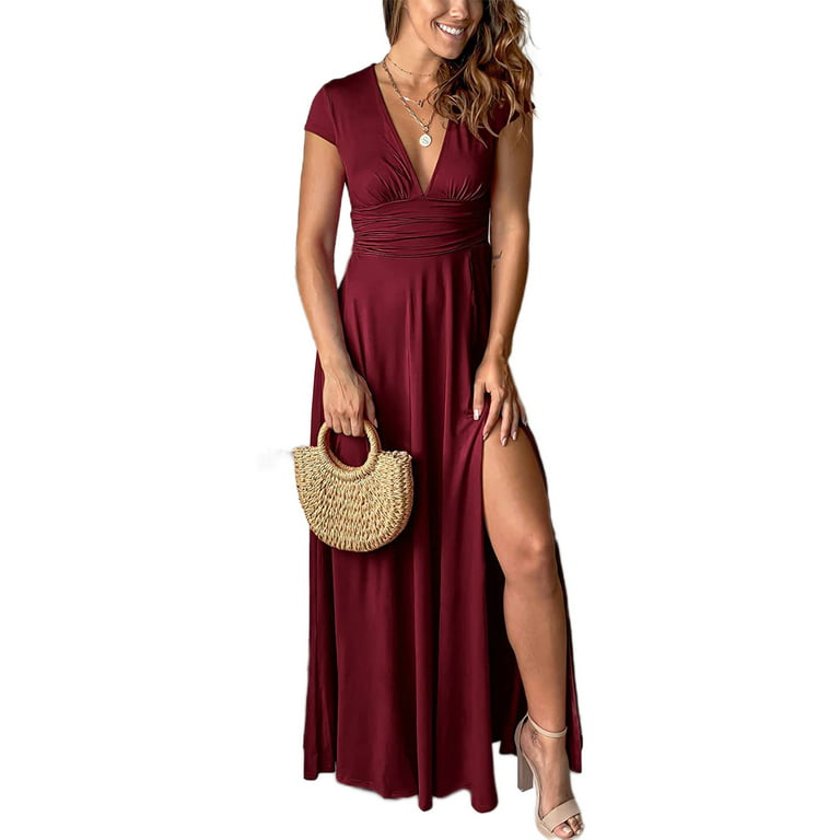 Niuer Women Summer Beach Sundress Short Sleeve Long Dress Solid Color Maxi  Dresses Ruched V Neck Wine Red 2XL 