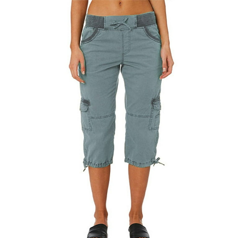 Niuer Women Summer Cargo Pants Hight Waist Beach Loose Linen Capris Pants  Holiday Drawstring Cropped Pants Loungewear Size S-3XL Blue 3XL
