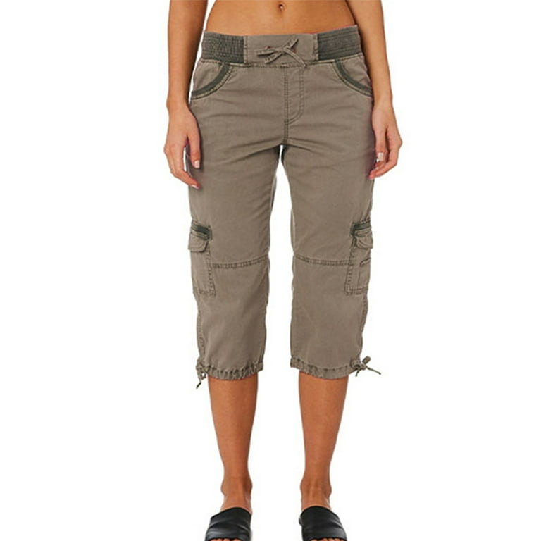 Niuer Women Summer Cargo Pants Hight Waist Beach Loose Linen Capris Pants  Holiday Drawstring Cropped Pants Loungewear Size S-3XL Brown XL