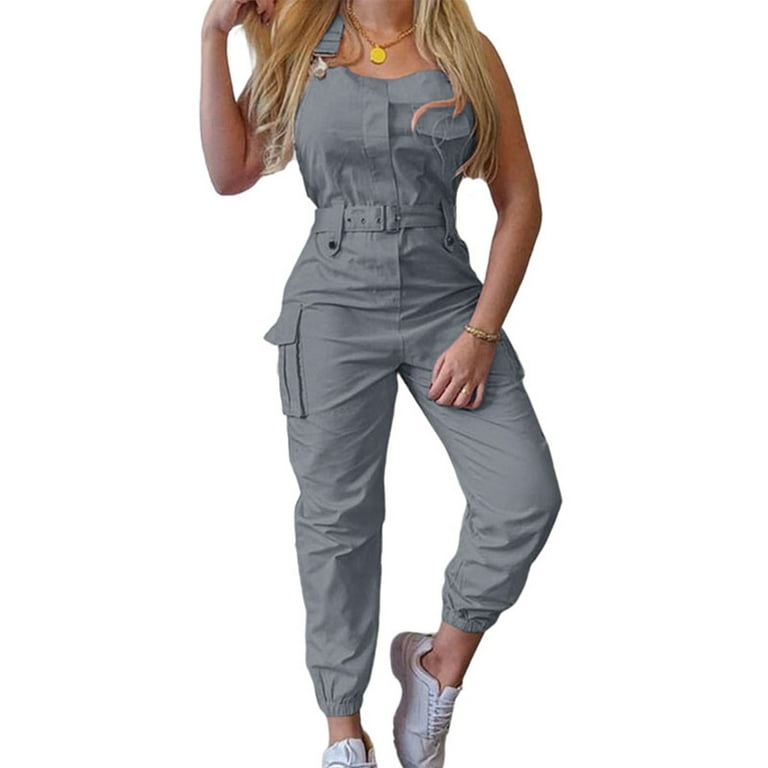 Niuer Women Summer Casual Belt Cargo Pant Ladies Fitted Long Pants Zipper  Holiday Sleeveless Solid Color Jumpsuits 