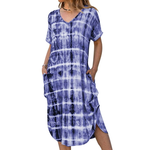 Niuer Women Sundress V Neck Dresses Gradient Print T Shirt Dress Midi Length Short Sleeve Colorful blue M
