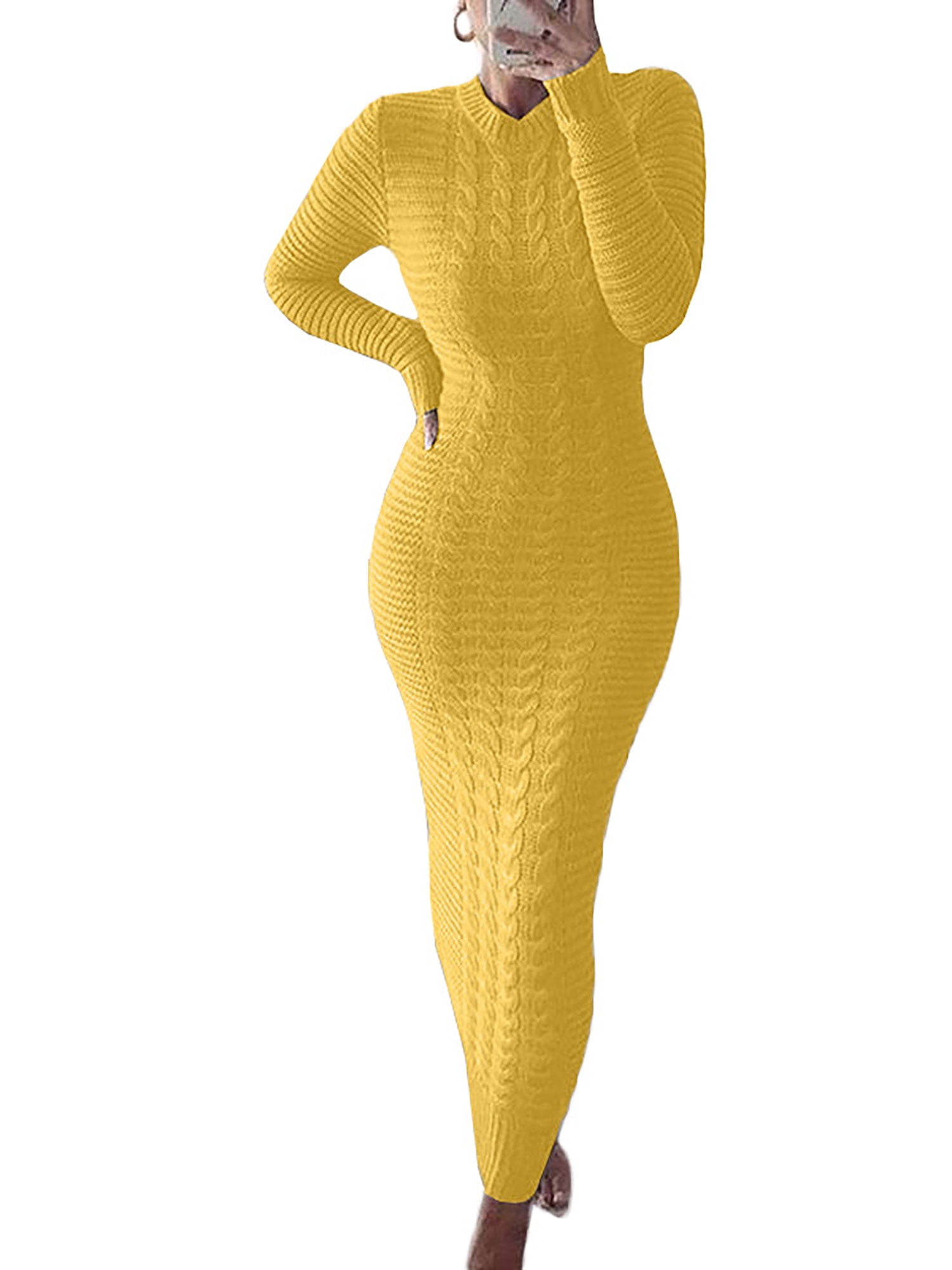 Niuer Women Sweater Dress Long Sleeve Maxi Dresses Crew Neck Pullover Jumper  Loose Solid Color Yellow S - Walmart.com