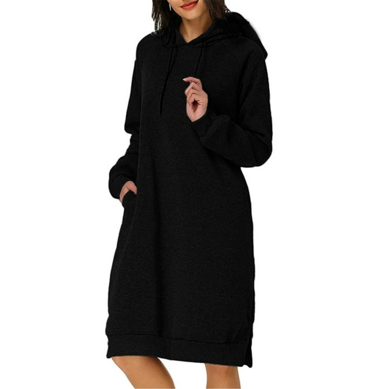 Niuer Women Sweatshirt Dress Solid Color Pullover Hoodie Pocket Hooded  Dresses Breathable Drawstring Black XXL 