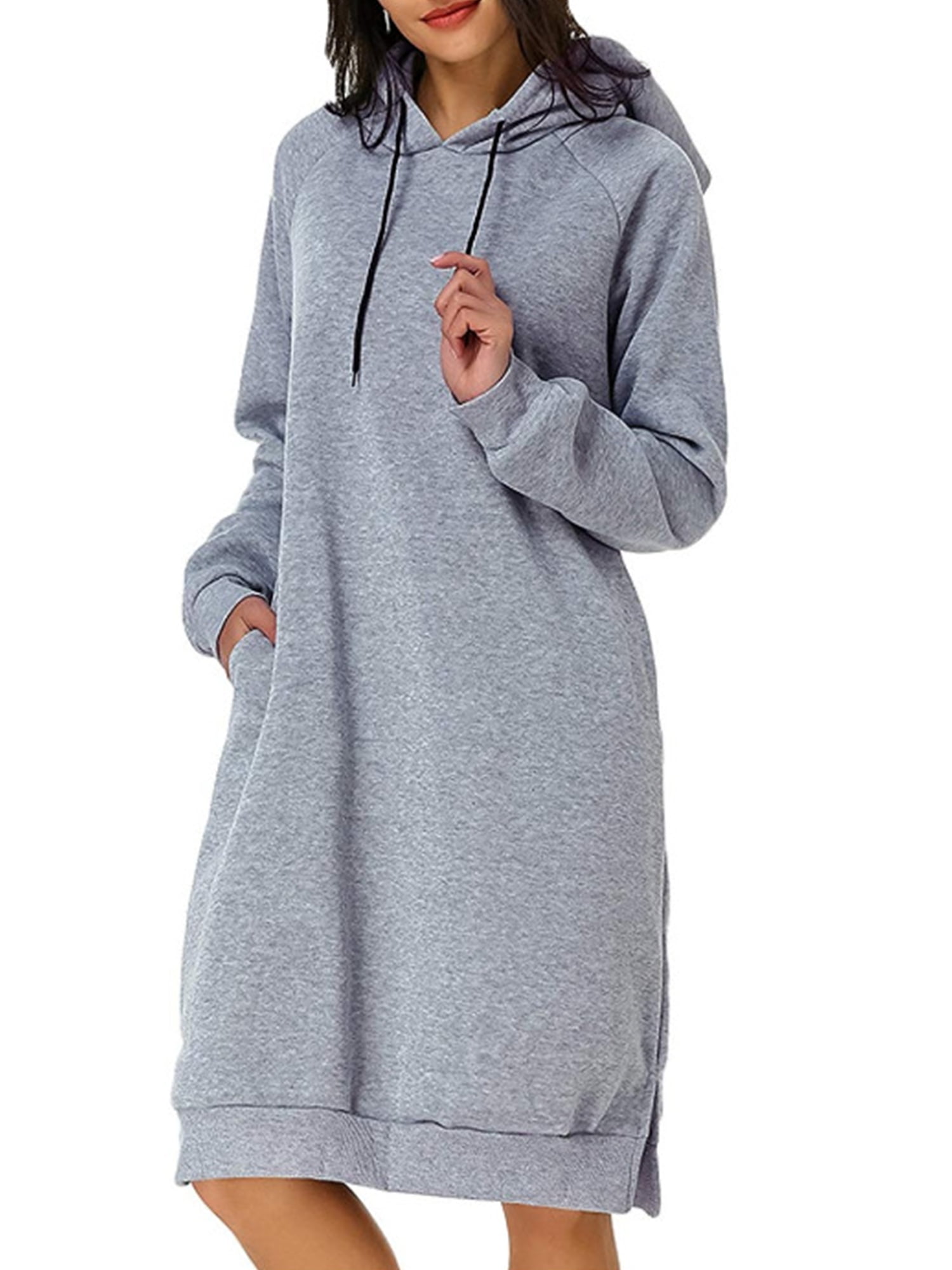 Niuer Women Sweatshirt Dress Solid Color Pullover Hoodie Pocket Hooded  Dresses Breathable Drawstring Light Gray M 