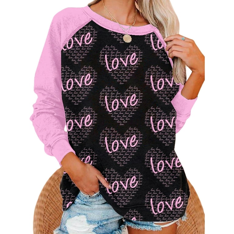 Niuer Women Sweatshirt Heart Print Pullover Crew Neck T-shirt Loose Fit  Tops Long Sleeve Pink &Black S 