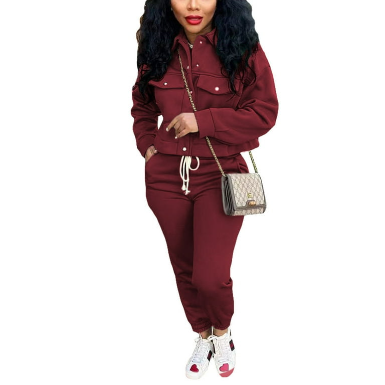 Niuer Women Sweatsuits Solid Color Two Piece Outfit Plain Jogger Set Loose  Fit Lounge Sets Long Sleeve Wine Red M 