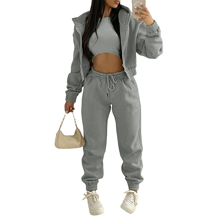 Niuer Women Tracksuit Sets Long Sleeve Jogger Set Hoodies 3 Pieces Outfit  Beam Foot Sweatsuits Solid Color Hooded Cardigan Tank And Sweatpants Gray M  