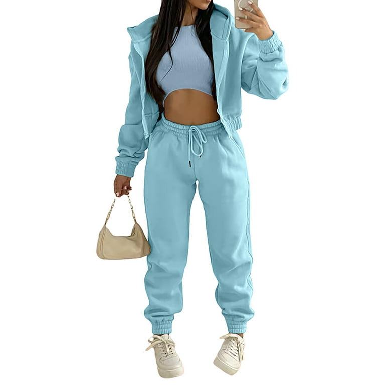 Niuer Women Tracksuit Sets Long Sleeve Jogger Set Hoodies 3 Pieces Outfit  Beam Foot Sweatsuits Solid Color Hooded Cardigan Tank And Sweatpants Lake  Blue XL 