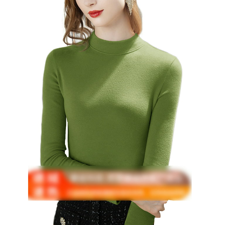 Niuer Women Tunic Blouse Long Sleeve T Shirt Basic Layer Underwear Tops  Plain Pullover Turtleneck T-shirt Avocado Green L 