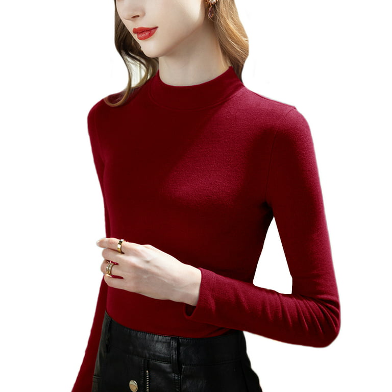 Niuer Women Tunic Blouse Long Sleeve T Shirt Basic Layer Underwear Tops  Plain Pullover Turtleneck T-shirt Cherry Red M 