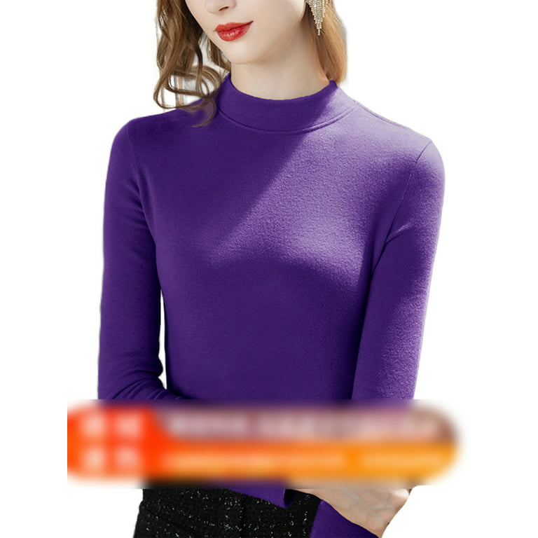 Niuer Women Tunic Blouse Long Sleeve T Shirt Basic Layer Underwear Tops  Plain Pullover Turtleneck T-shirt Lavender Purple XL 