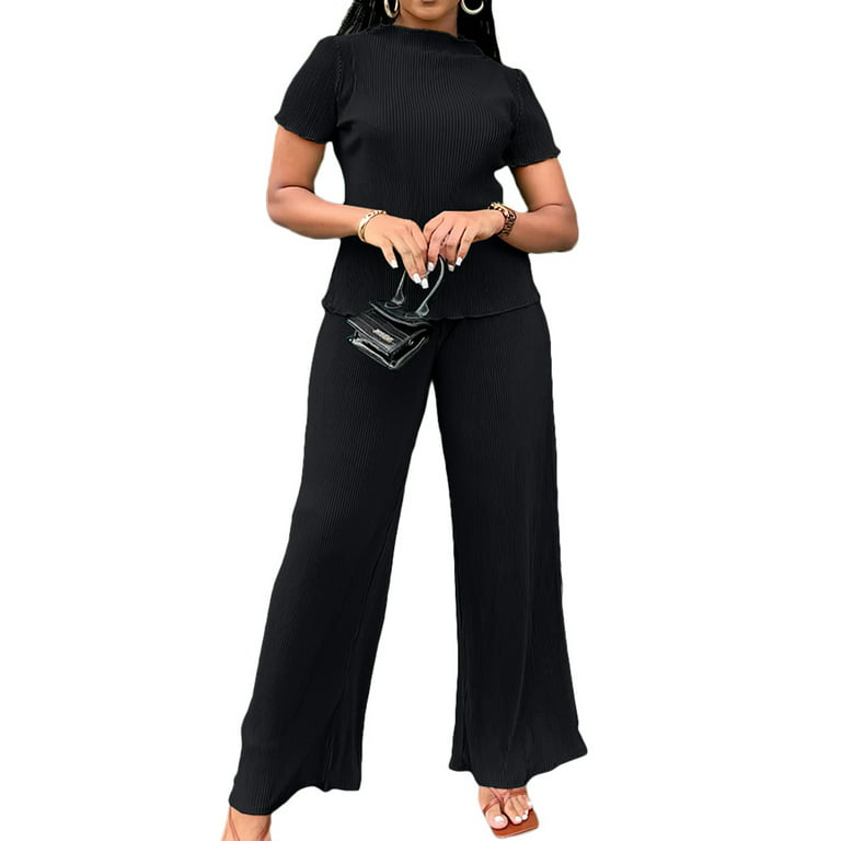 Niuer Women Two Piece Outfit Short Sleeve Lounge Sets Solid Color Jogger  Set Baggy T-shirt And Pants Crew Neck Black M 