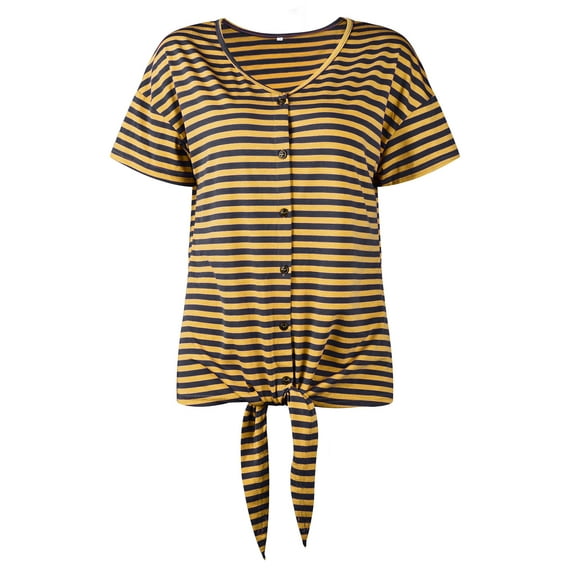 Niuer Women Vintage Short Sleeve V-Neck Striped Shirts Loose Casual Tee T-Shirt Comfy Button Tie Front Knot Tunic Blouse Tops Size S-2XL