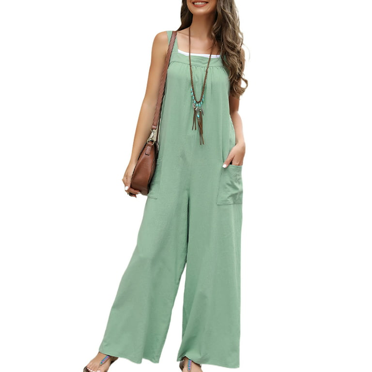 Niuer Women With Pockets Solid Color Jumpsuits Ladies Vest Romper  Sleeveless Beach Square Neck Tank Trousers Light Green 2XL 