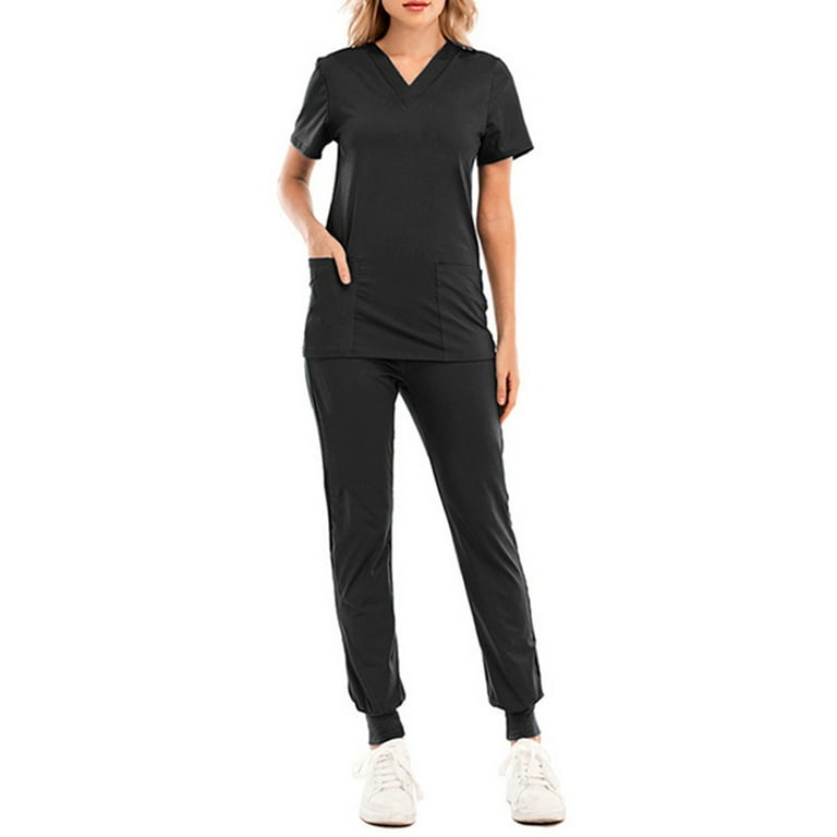 Niuer Women's Solid Color Uniform Scrub Set V Neck Scrubs Top Cargo Tapered  Jogger Pants Black XL 