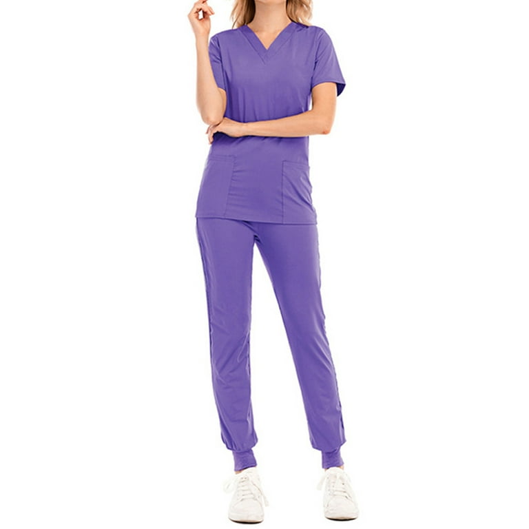 Niuer Women's Solid Color Uniform Scrub Set V Neck Scrubs Top Cargo Tapered  Jogger Pants Purple 2XL 