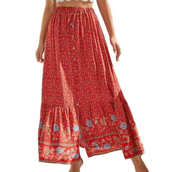 Niuer Womens Boho Long Floral Elastic High Waist Maxi Skirts Plus Size Flowy A Line Chiffon Summer Beach Pleated Skirt