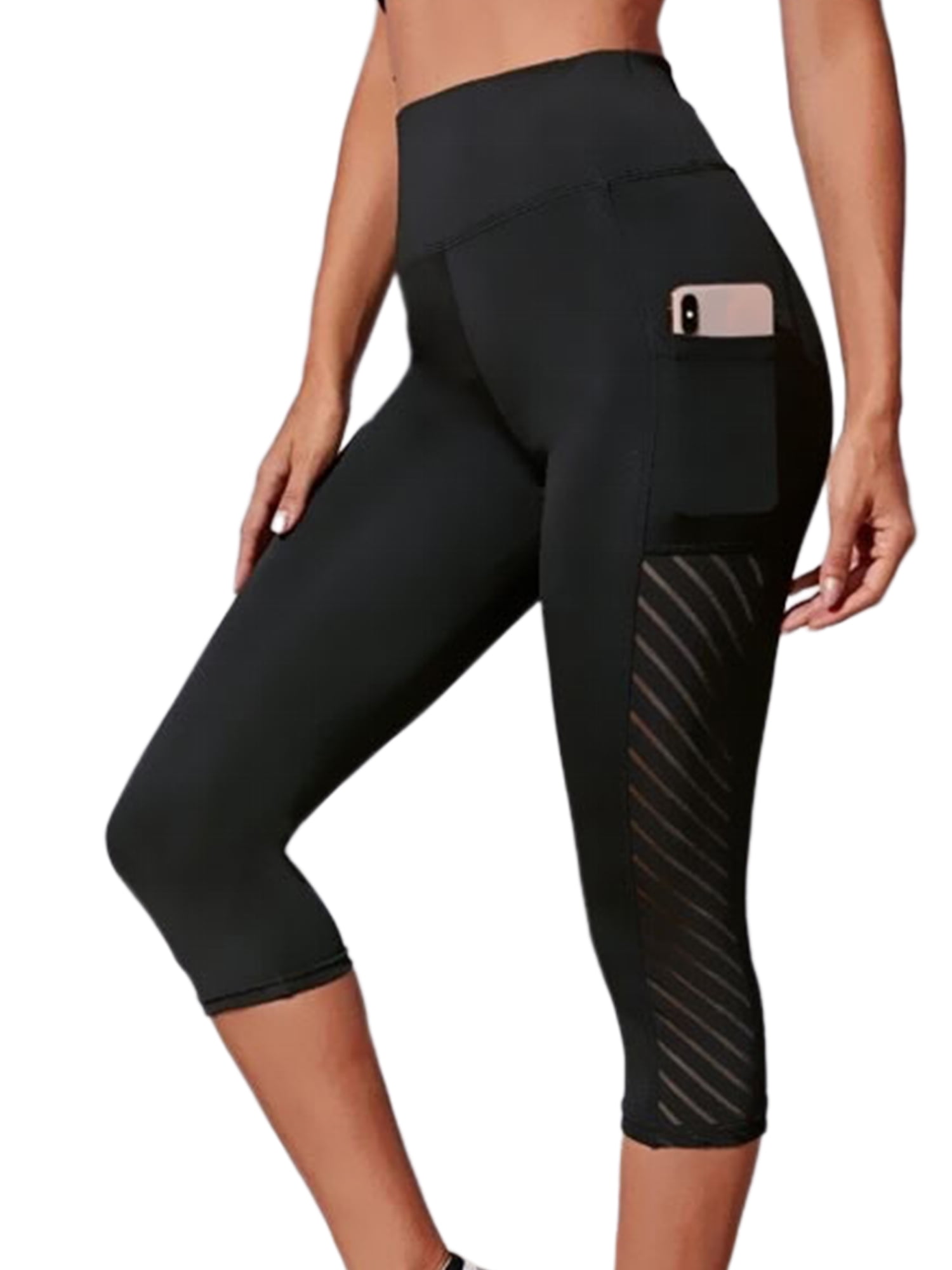 Capri Leggings With Pockets for Women Printed Fitness Compression Pants  Black XL