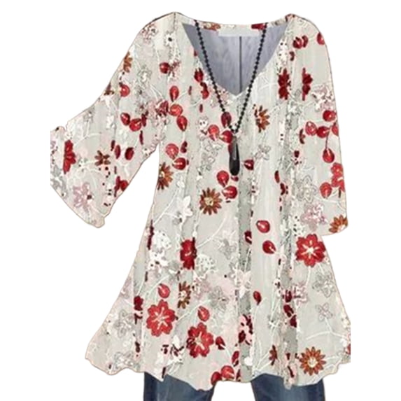 Niuer Womens Ladies Boho Floral Blouse 3/4 Sleeve Shirts Casual Loose Beach Tops Holiday Kaftan Baggy T-Shirt Tops Size S-3XL 1 L